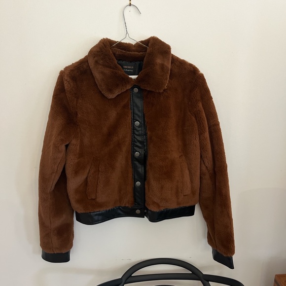 Faux Fur Chocolate Brown Bomber with Faux Leather Trim - Picture 1 of 2